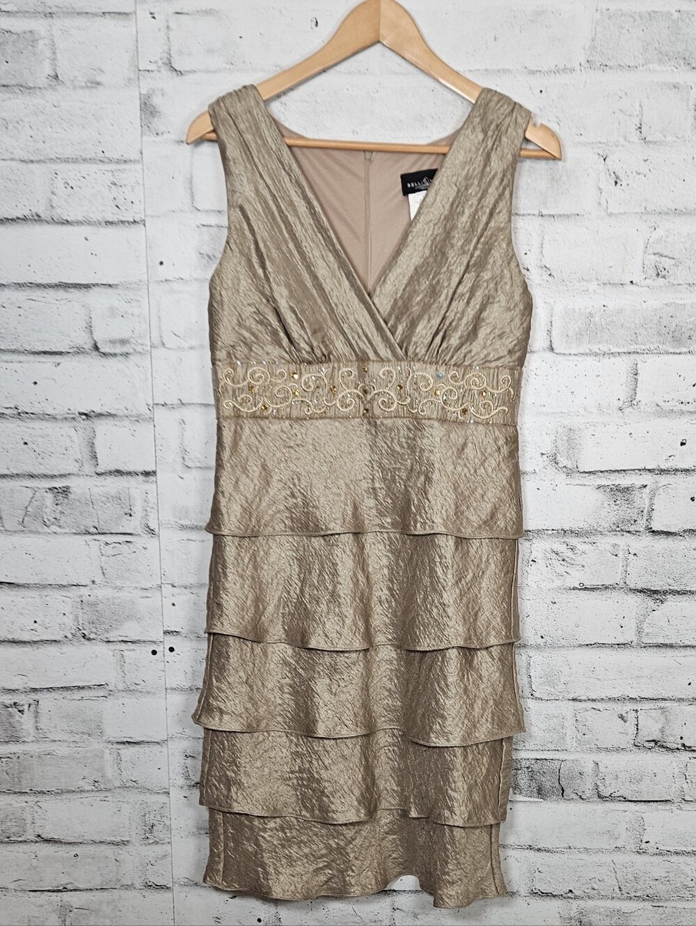 Bellissima Gold Tiered Cocktail Party Dress Beaded Sleeveless Size 10